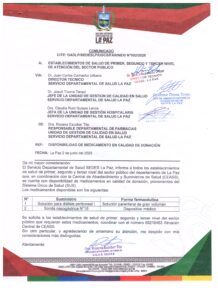 COMUNICADO: DISPONIBILIDAD DE MEDICAMENTOS EN CALIDAD DE DONACIÓN